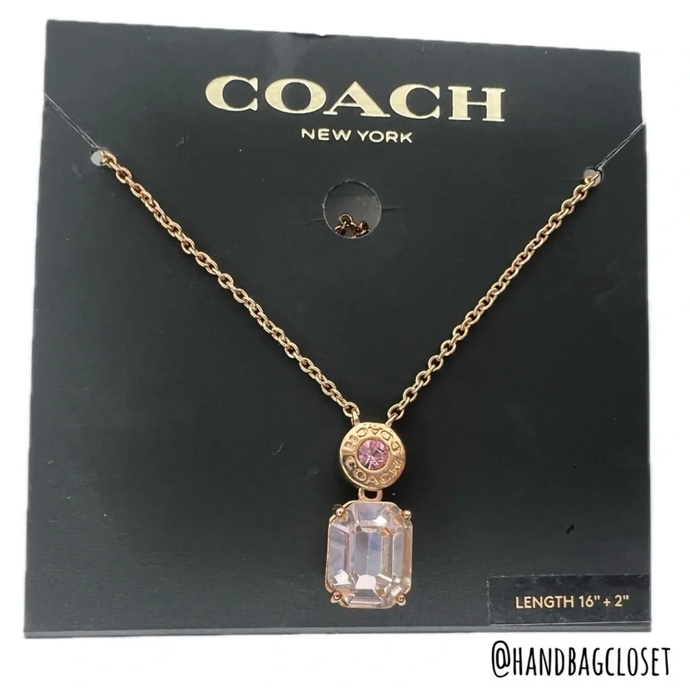 COACH PINK ROSE GOLD EMERALD CUT CRYSTAL NECKLACE (COACH F73037)